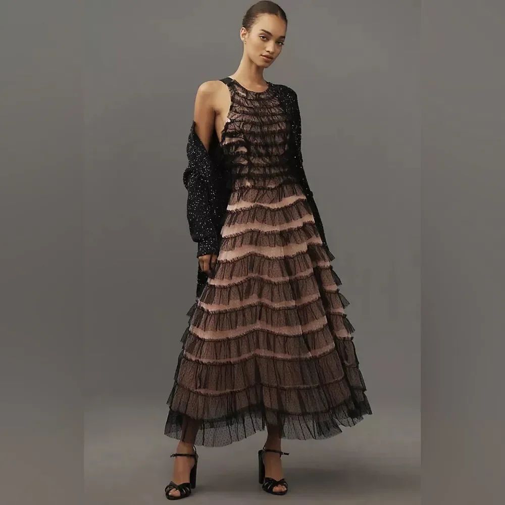Anthropologie Sleeveless Halter
Ruffled Tulle Midi Dress